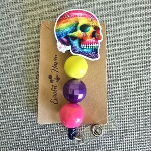 Skull Skeleton Colorful Gothic Retractable Beaded Work Name Badge ID Reel Holder